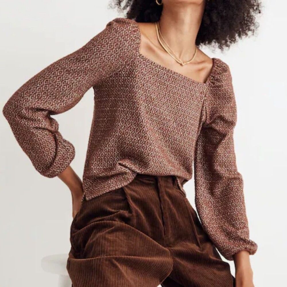 Madewell Jacquard Puff Sleeve Crop Top Square Neck Blouse Dark Merlot Rust sz XS